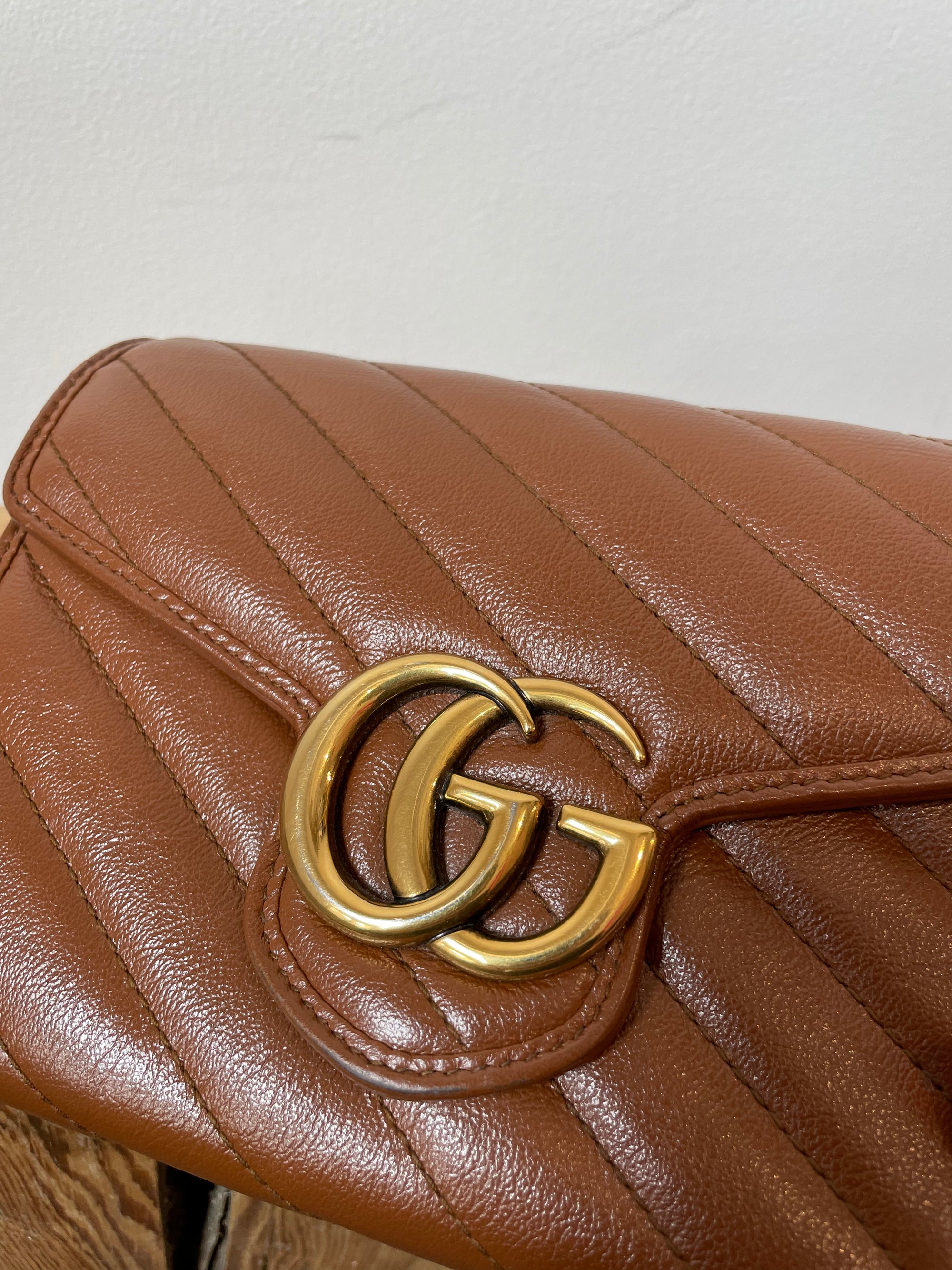 Gucci Matelasse Diagonal GG Marmont Wallet on Chain Brown