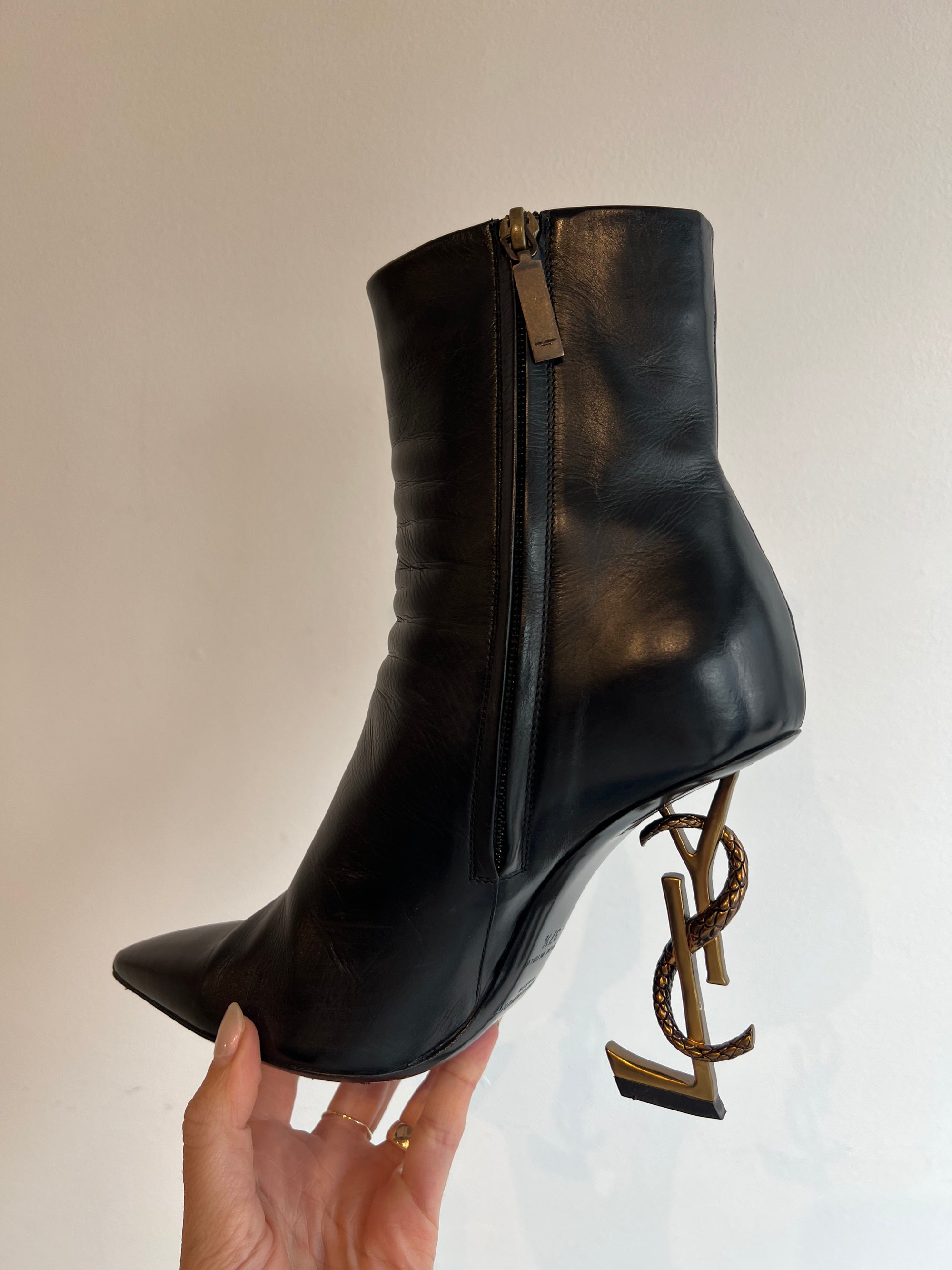 Saint Laurent Paris Opyum Black Bronzed Heel Boots, 37.5