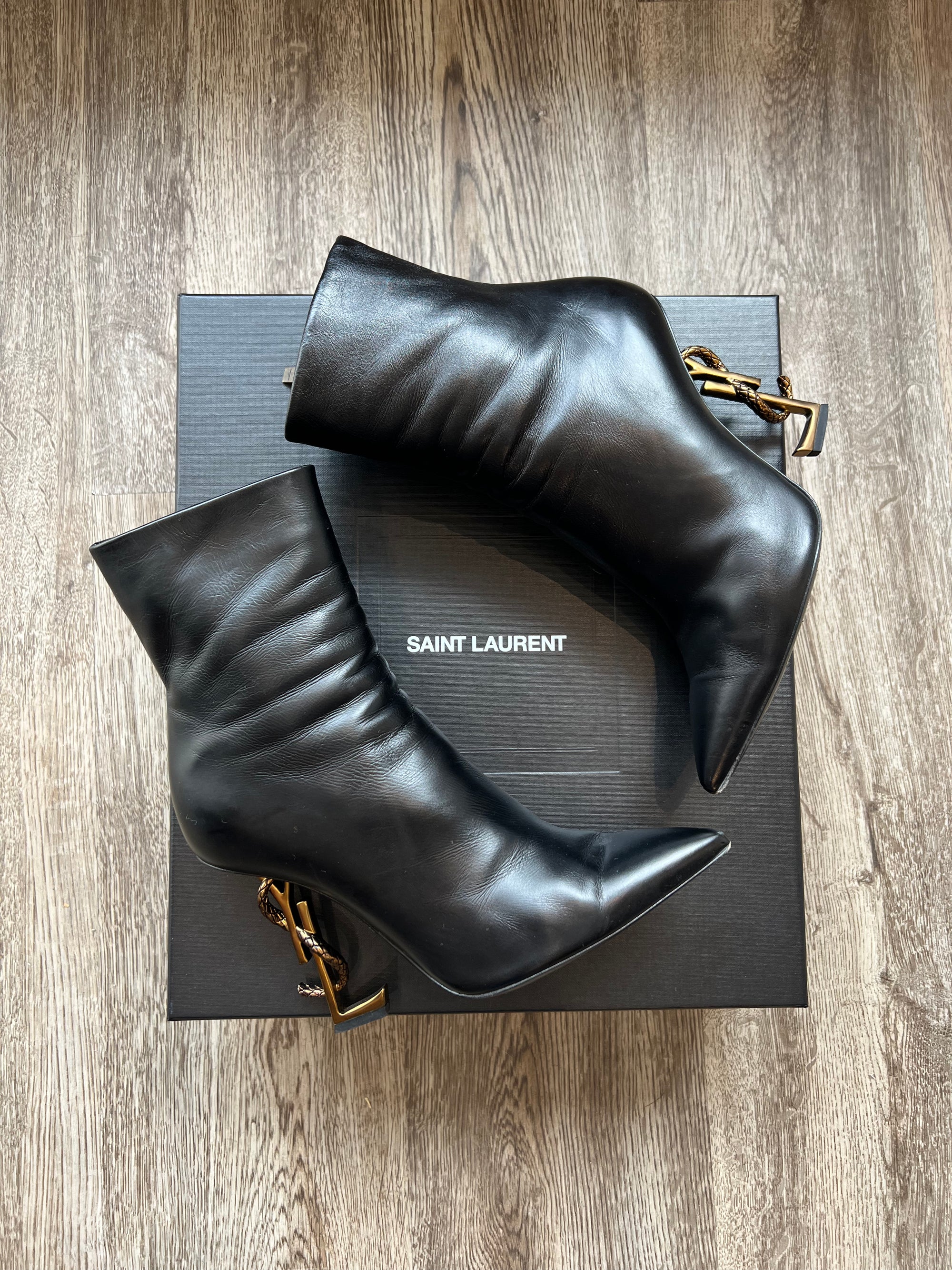 Saint Laurent Paris Opyum Black Bronzed Heel Boots, 37.5