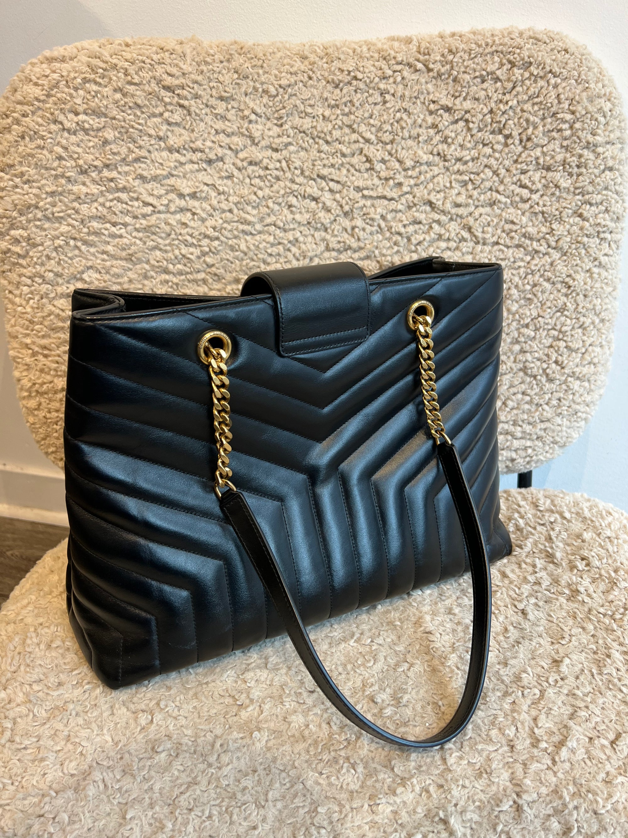 Saint Laurent Black Matelasse Chevron Shopping Tote